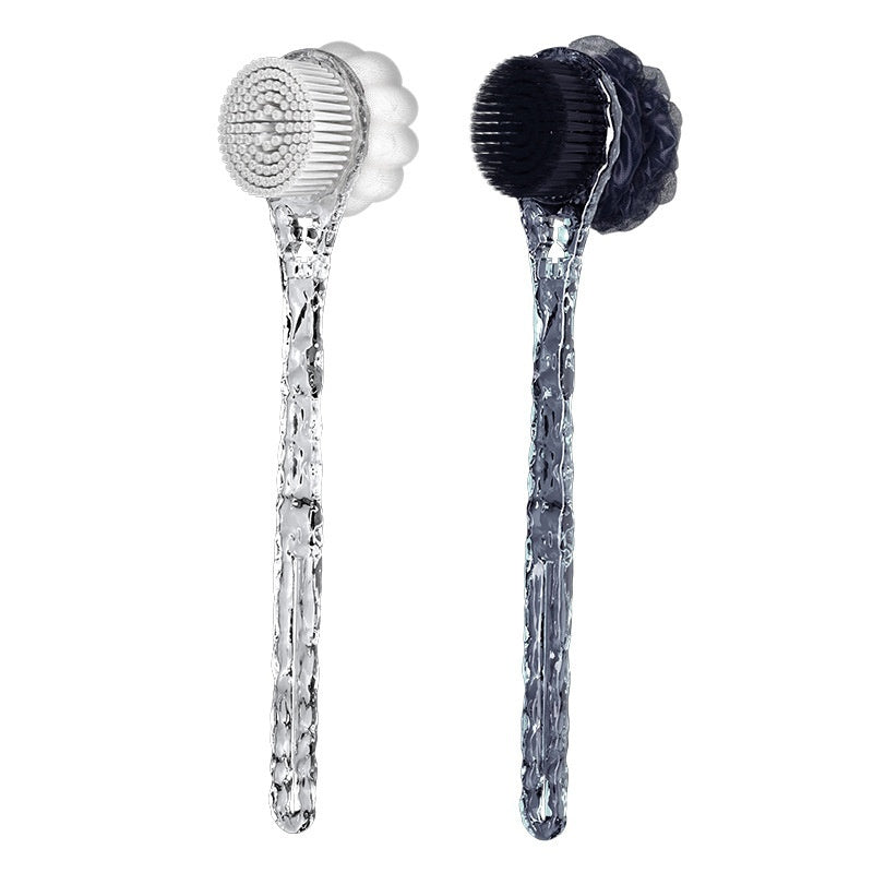A Translucent Glacier Texture Bath Brush (2-In-1 Scrubber) That Allows You to Easily Scrub Your Back for Cleaning. It Features a Long Handle And Double-Sided Design, Perfect for Creating Foam And Removing Dirt, Making It a Convenient Choice for Bathing.