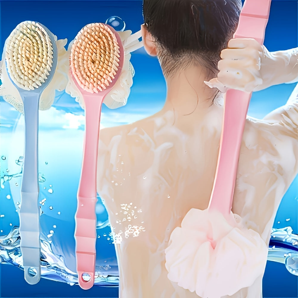PGM 2-in-1 Soft Bristle Exfoliating Shower Brush with Long Handle - Dual-Function Back Scrubber & Hair Care Tool, Easy to Clean, Pink & Blue, Flexible Bristles for Body and Hair, No Battery Needed, Manual Back Scrubber | Ergonomic Design | Durable Plastic