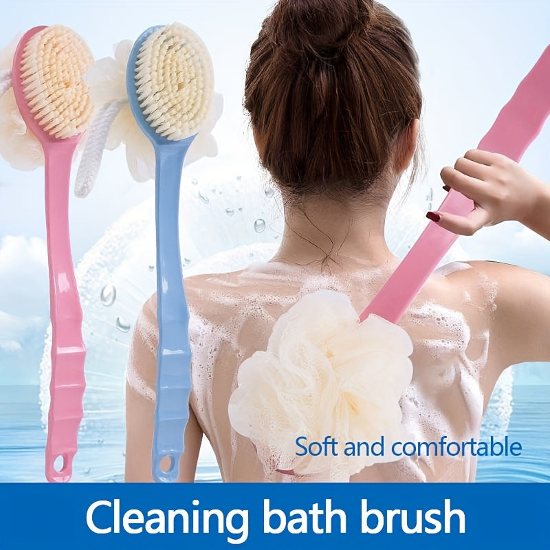 1pc Pink Dual-Ended 2-in-1 Scrubber & Body Massager - Soft Bristle Exfoliating Bath Brush with Ergonomic Long Handle for Back, Bath, Shower - Portable Bath & Body Care Tool, No Battery Needed, Dualuse Design