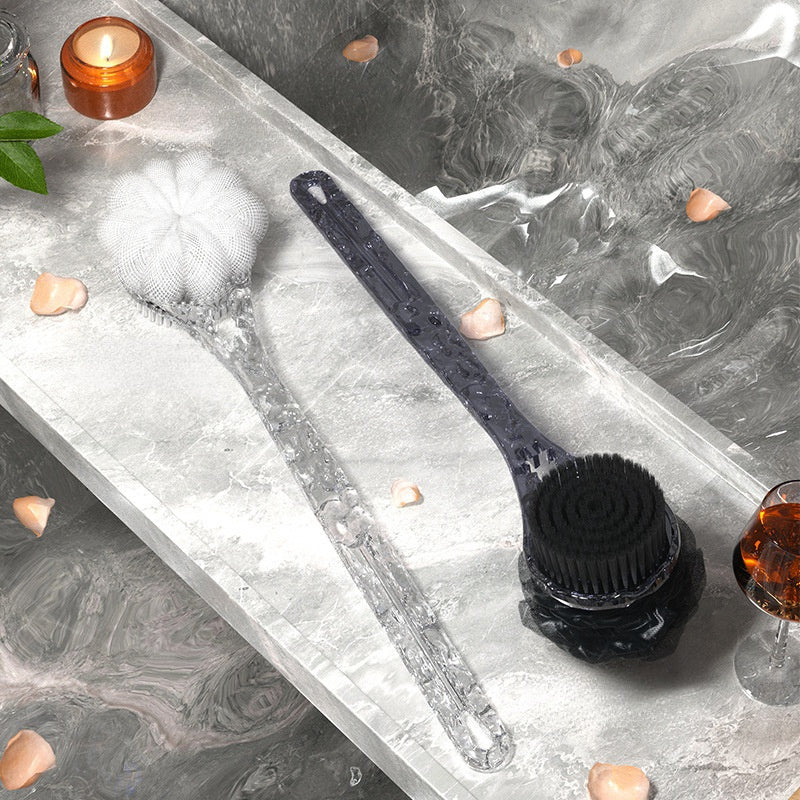 A Translucent Glacier Texture Bath Brush (2-In-1 Scrubber) That Allows You to Easily Scrub Your Back for Cleaning. It Features a Long Handle And Double-Sided Design, Perfect for Creating Foam And Removing Dirt, Making It a Convenient Choice for Bathing.