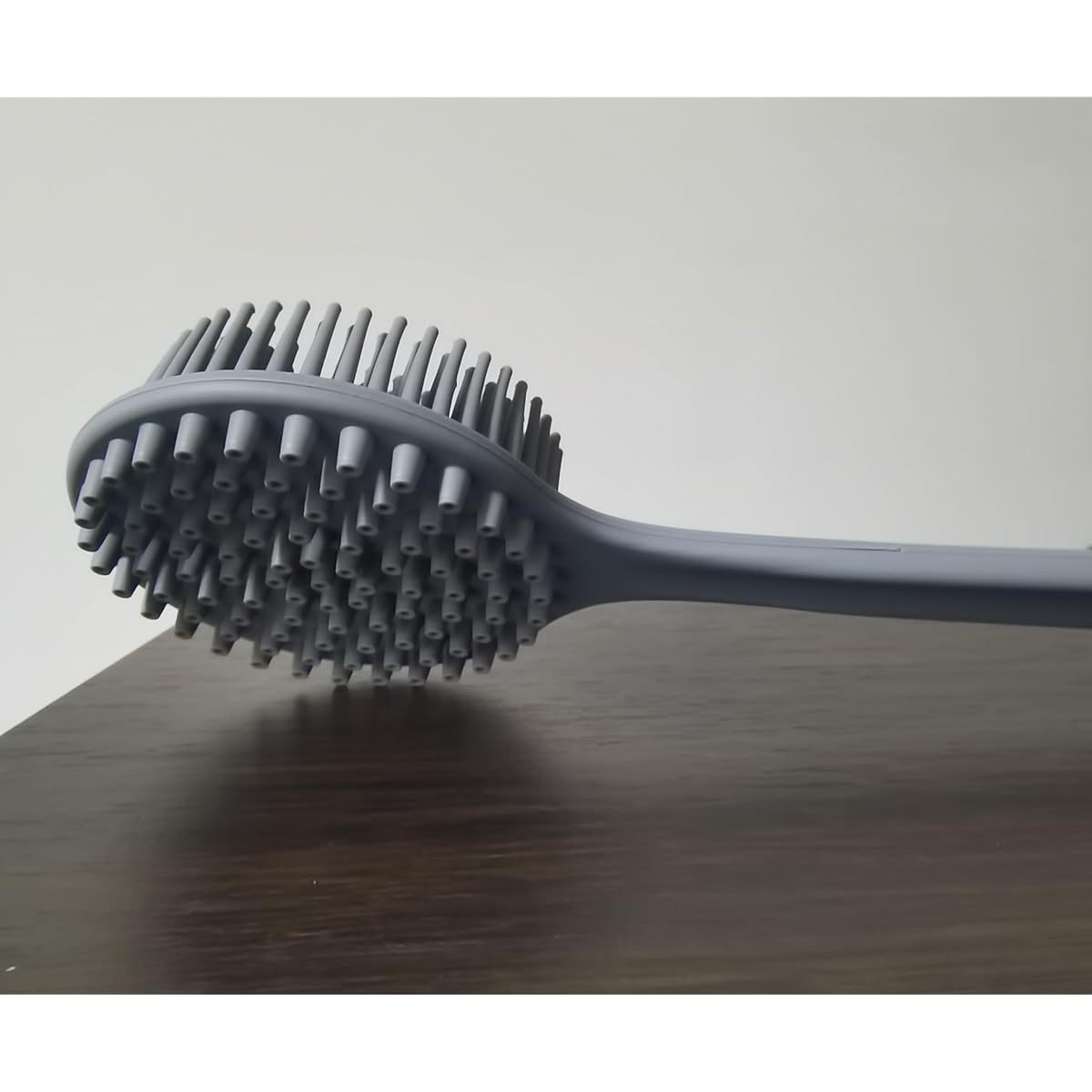 Extra Long Bath Brush with Double-Sided Massage Head - Heavy-Duty Silicone Body Scrubber, Non-Slip Grip Handle for Back, Feet, Legs, Arms - Bathroom Shower Brush with Free Hook - Ideal for Home, Spa, or Travel - Grey, Back Scrubber, Ergonomic Design,