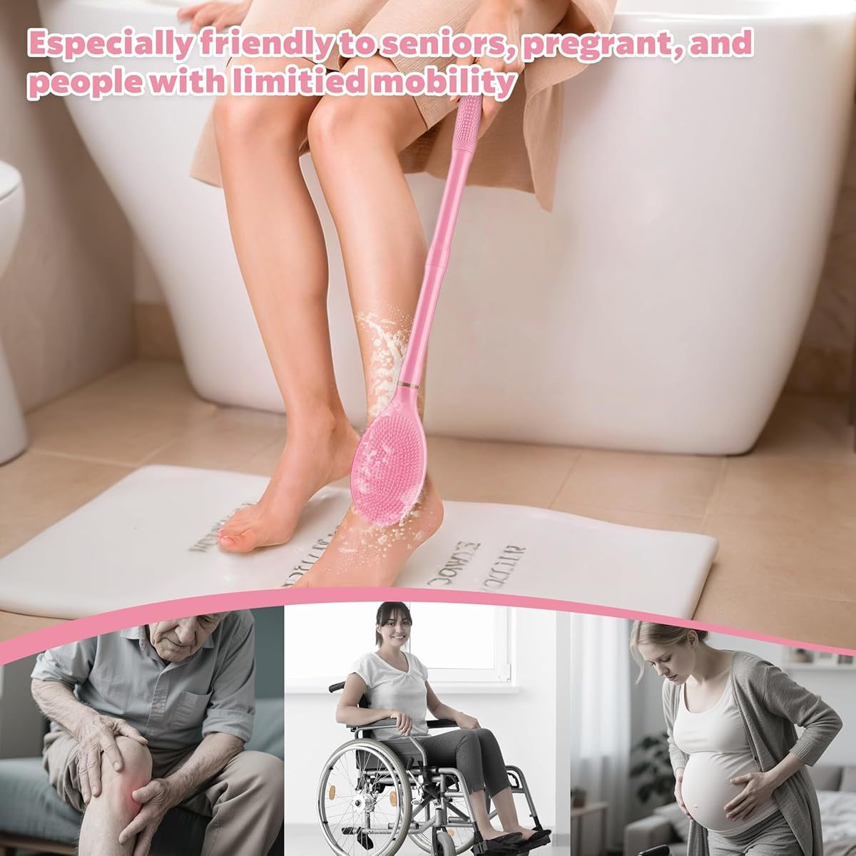 18, 9" Anti-Slip Corn-Handle Shower Back Scrubber with Large Brush Head & Soft Bristles - 3-in-1 Bath Brush for Lathering Cleansing, Gentle Exfoliating & Deep Cleaning, Ergonomic Design for Back, Arms, Legs - Pink, No Battery Needed, Shower Scrubber, Back