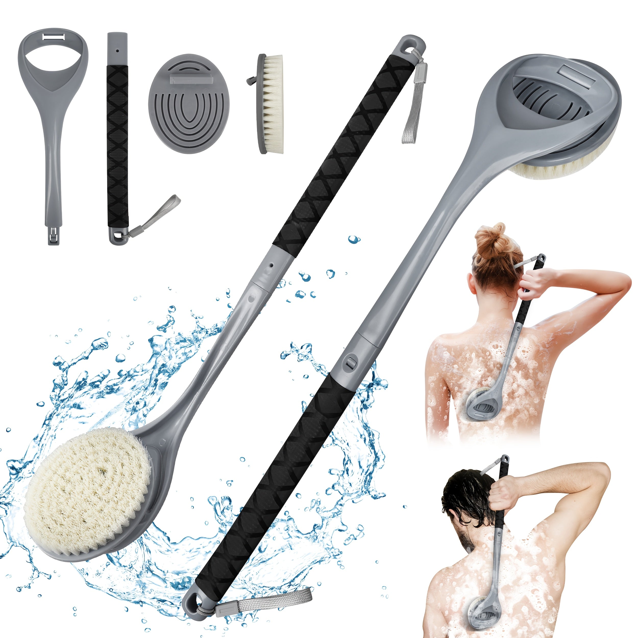 20.4" Detachable Long Handle Bath Brush with Ergonomic Handle - No Electricity Needed, Dual-Head Back Scrubber for Men, Women & Elderly - Deep Body Exfoliation & Shower Cleaning, Durable High-Quality Fabric, No Battery Required, Shower Cleaning Tool,