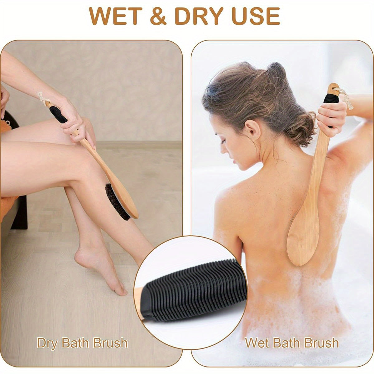 Natural Horsehair Bath Brush with Wooden Curved Long Handle - 17.2 Inch Antiskid Shower Scrubber for Exfoliating, Deep Cleanse Back & Body, Wet/Dry Use, Alcohol-Free, No Battery Needed, Ergonomic Design for Hard-to-Reach Areas, Shower Brush, Body