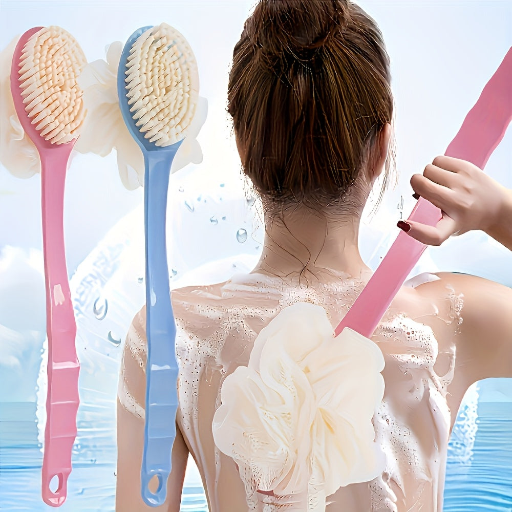 One-piece set, 2 colors available. Dual-headed bath brush with soft loofah. Suitable for back scrubbing: No battery needed, no oil required, all-season use without assistance. Soft bristles are Light Beige-friendly