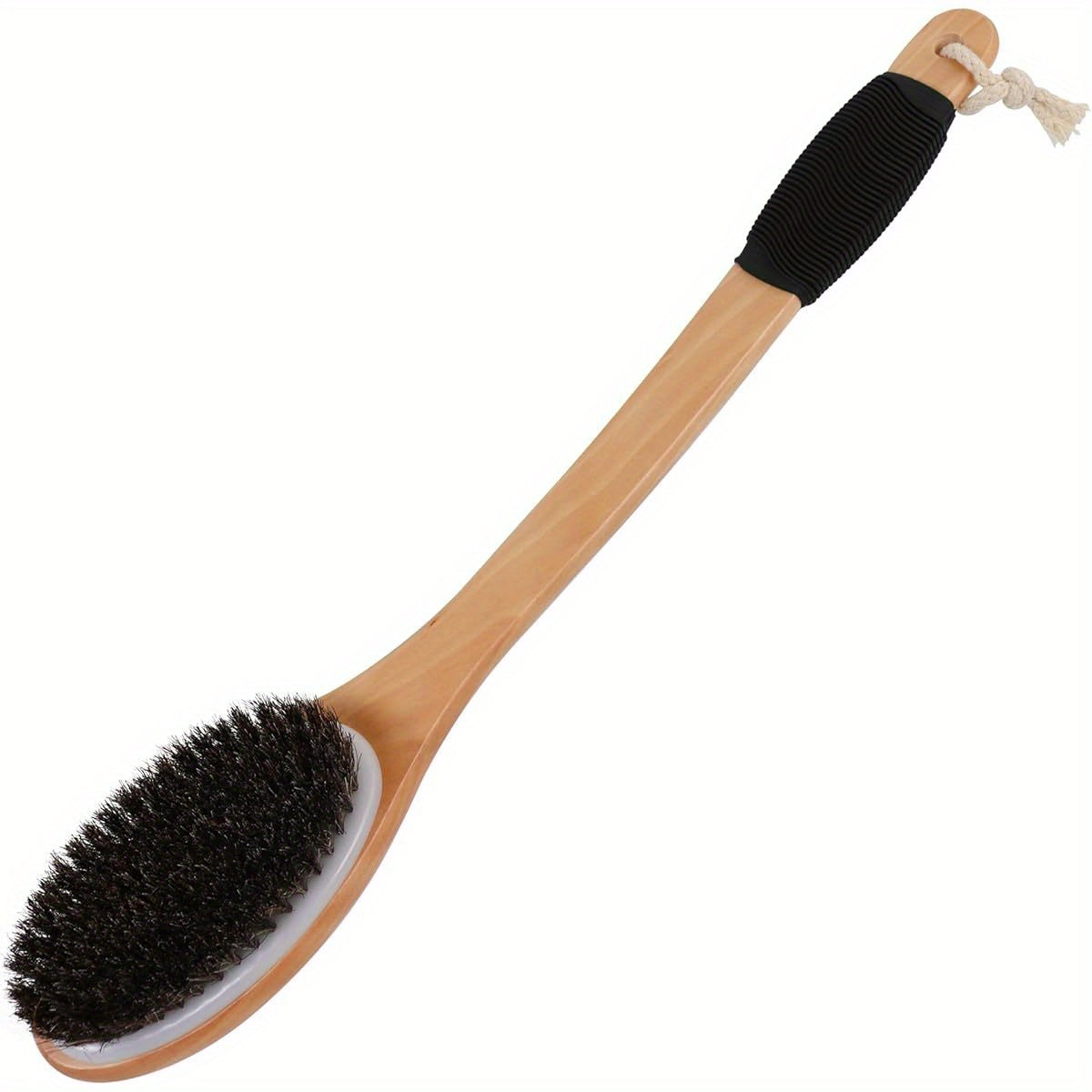 Natural Horsehair Bath Brush with Wooden Curved Long Handle - 17.2 Inch Antiskid Shower Scrubber for Exfoliating, Deep Cleanse Back & Body, Wet/Dry Use, Alcohol-Free, No Battery Needed, Ergonomic Design for Hard-to-Reach Areas, Shower Brush, Body