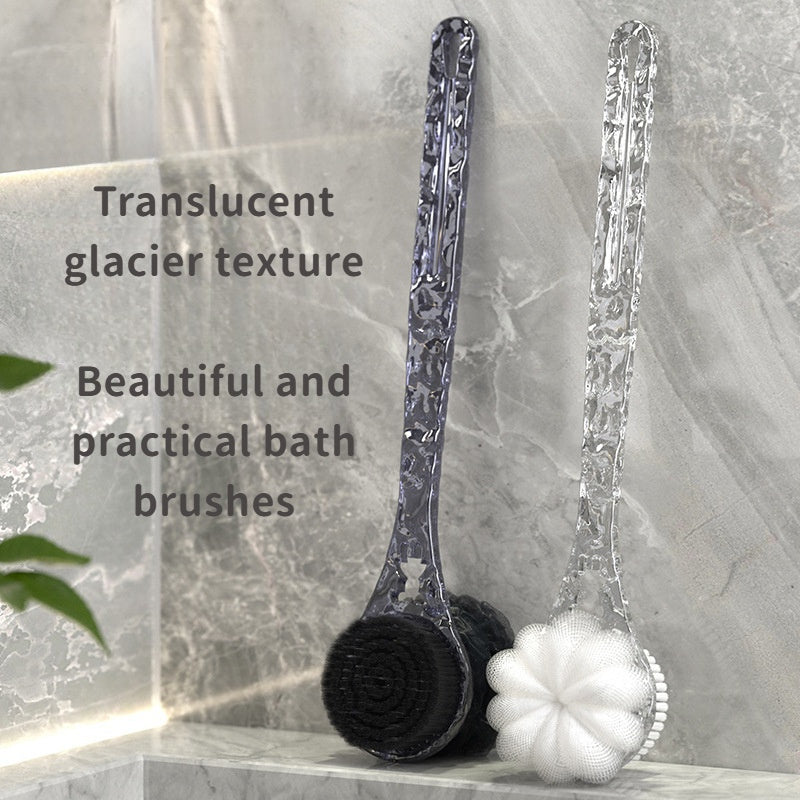 A Translucent Glacier Texture Bath Brush (2-In-1 Scrubber) That Allows You to Easily Scrub Your Back for Cleaning. It Features a Long Handle And Double-Sided Design, Perfect for Creating Foam And Removing Dirt, Making It a Convenient Choice for Bathing.