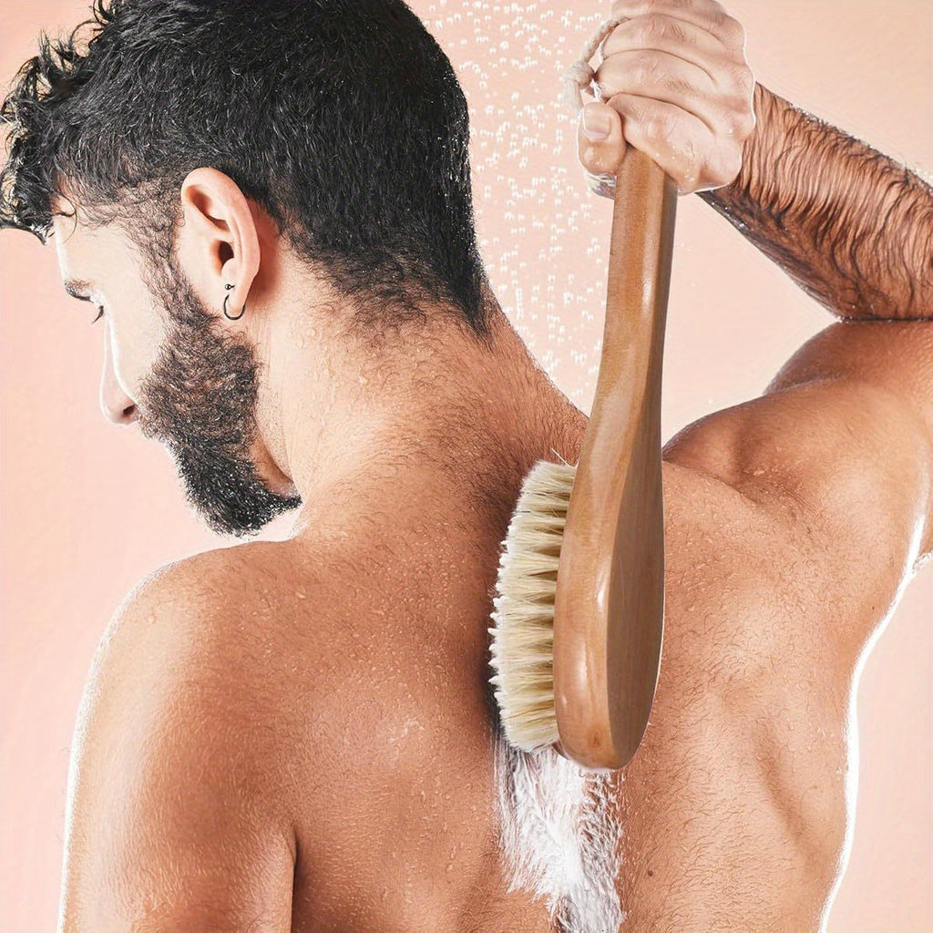 1pc 12.6 Inch Long Handle Back Scrubber for Shower - Heavy-Duty Poplar Wood & Nylon Bristles Exfoliating Body Brush with Ergonomic Grip, Wet/Dry Use for Men & Women, Hard-to-Reach Areas, Bath & Shower Tool (Natural Wood Color, Lanyard-Compatible), Round