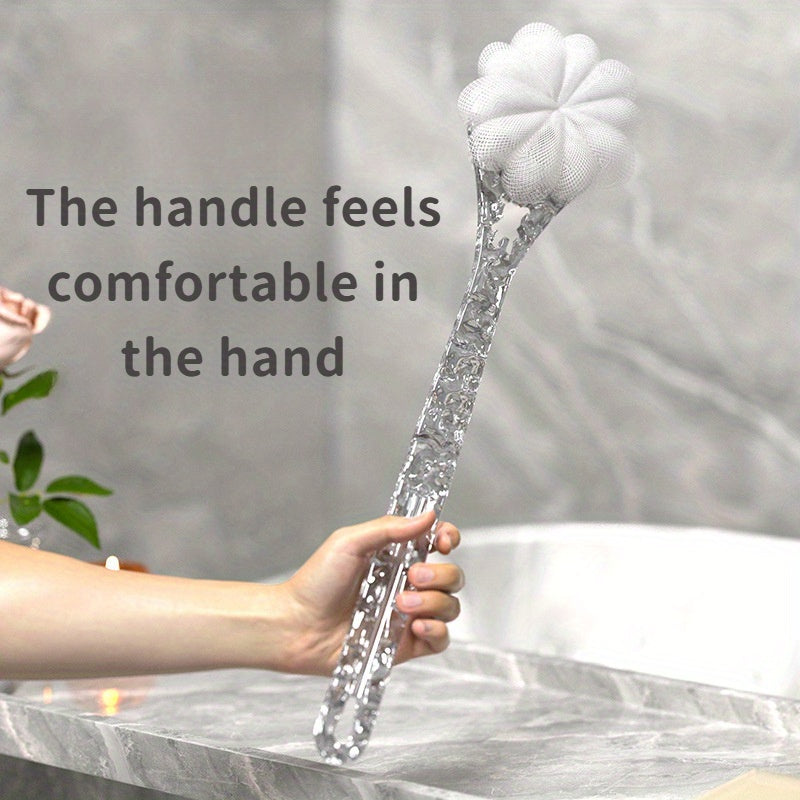 A Translucent Glacier Texture Bath Brush (2-In-1 Scrubber) That Allows You to Easily Scrub Your Back for Cleaning. It Features a Long Handle And Double-Sided Design, Perfect for Creating Foam And Removing Dirt, Making It a Convenient Choice for Bathing.