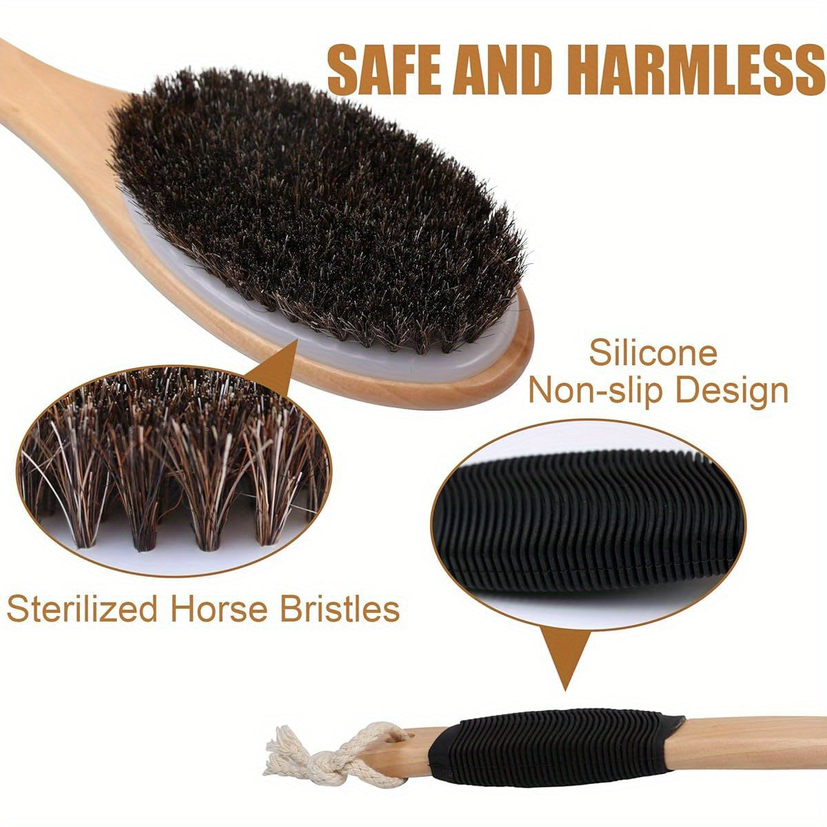 Natural Horsehair Bath Brush with Wooden Curved Long Handle - 17.2 Inch Antiskid Shower Scrubber for Exfoliating, Deep Cleanse Back & Body, Wet/Dry Use, Alcohol-Free, No Battery Needed, Ergonomic Design for Hard-to-Reach Areas, Shower Brush, Body