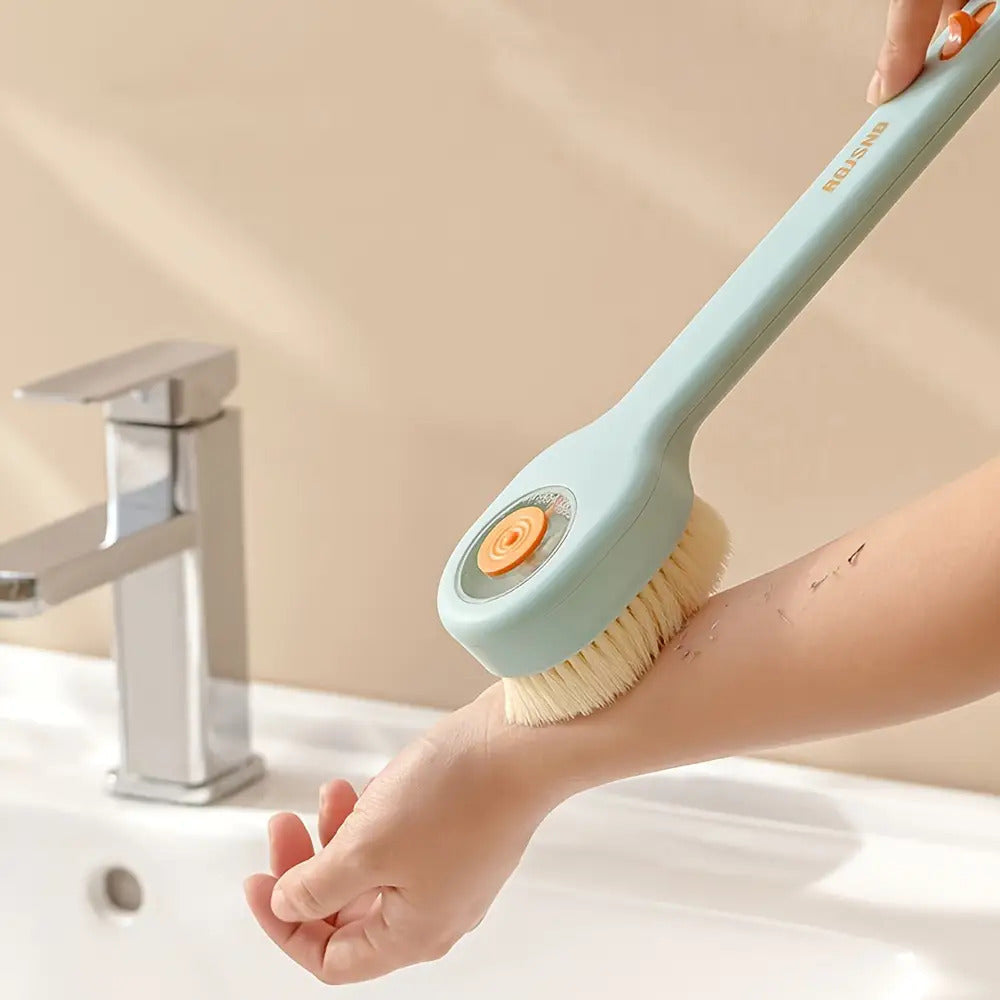 Liquid-Filled Bath Brush with Soft Bristles & Long Handle - Press-to-Release Design for Gentle Exfoliation, Ergonomic Back Scrubber for Hard-to-Reach Areas, Summer Bathing Essential, No Battery Needed, Bath Brush for Bathing, Sleek Handle Design, Durable