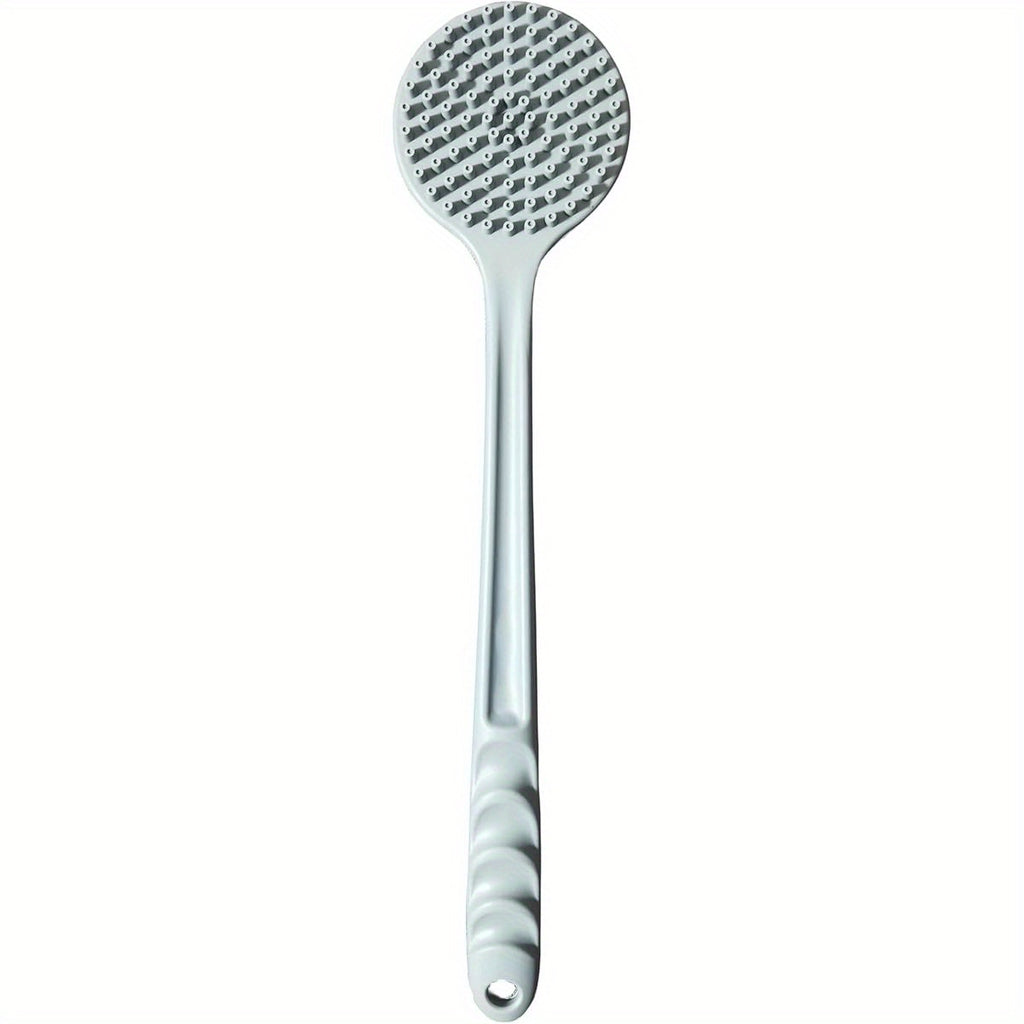 Extra Long Bath Brush with Double-Sided Massage Head - Heavy-Duty Silicone Body Scrubber, Non-Slip Grip Handle for Back, Feet, Legs, Arms - Bathroom Shower Brush with Free Hook - Ideal for Home, Spa, or Travel - Grey, Back Scrubber, Ergonomic Design,