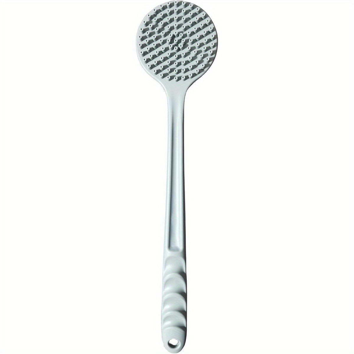 Extra Long Bath Brush with Double-Sided Massage Head - Heavy-Duty Silicone Body Scrubber, Non-Slip Grip Handle for Back, Feet, Legs, Arms - Bathroom Shower Brush with Free Hook - Ideal for Home, Spa, or Travel - Grey, Back Scrubber, Ergonomic Design,
