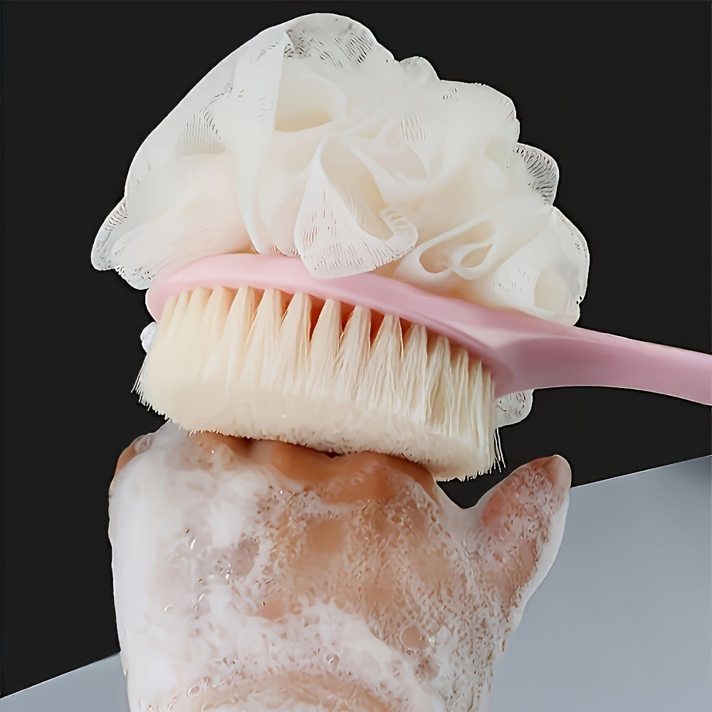 One-piece set, 2 colors available. Dual-headed bath brush with soft loofah. Suitable for back scrubbing: No battery needed, no oil required, all-season use without assistance. Soft bristles are Light Beige-friendly