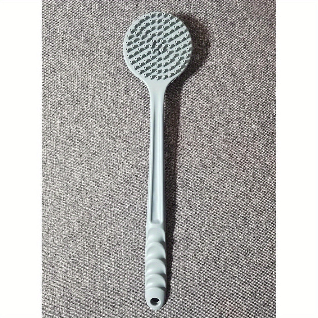 Extra Long Bath Brush with Double-Sided Massage Head - Heavy-Duty Silicone Body Scrubber, Non-Slip Grip Handle for Back, Feet, Legs, Arms - Bathroom Shower Brush with Free Hook - Ideal for Home, Spa, or Travel - Grey, Back Scrubber, Ergonomic Design,