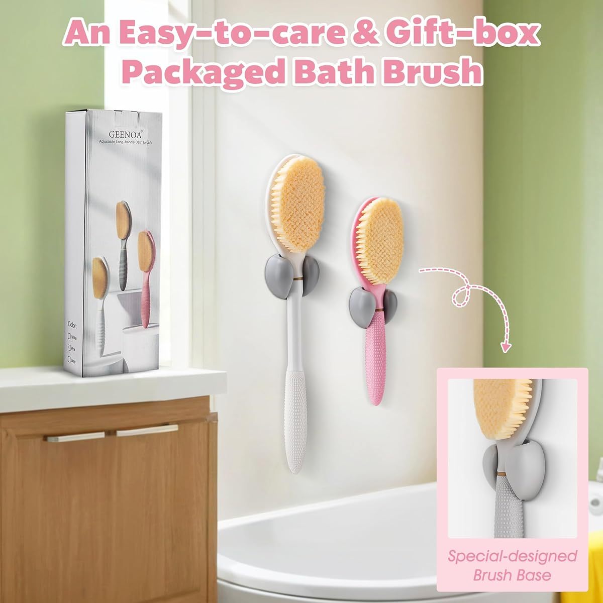 18, 9" Anti-Slip Corn-Handle Shower Back Scrubber with Large Brush Head & Soft Bristles - 3-in-1 Bath Brush for Lathering Cleansing, Gentle Exfoliating & Deep Cleaning, Ergonomic Design for Back, Arms, Legs - Pink, No Battery Needed, Shower Scrubber, Back