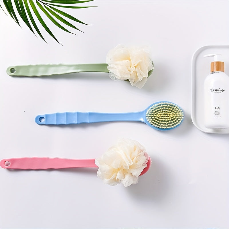 1pc Pink Dual-Ended 2-in-1 Scrubber & Body Massager - Soft Bristle Exfoliating Bath Brush with Ergonomic Long Handle for Back, Bath, Shower - Portable Bath & Body Care Tool, No Battery Needed, Dualuse Design