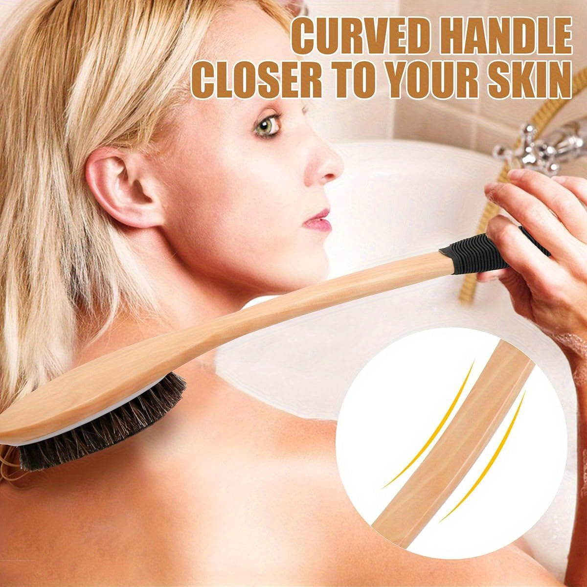 Natural Horsehair Bath Brush with Wooden Curved Long Handle - 17.2 Inch Antiskid Shower Scrubber for Exfoliating, Deep Cleanse Back & Body, Wet/Dry Use, Alcohol-Free, No Battery Needed, Ergonomic Design for Hard-to-Reach Areas, Shower Brush, Body