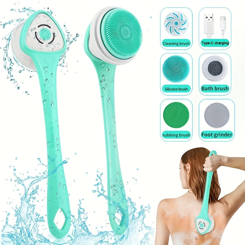 6-in-1 Electric Shower System with Dual Massage & Exfoliating Attachments - Rechargeable Full Body Massager, Rotating Facial Brush Head, USB-Powered Bath & Spa - Ideal Gift for Women & Men (Turquoise/Black) - Compatible with USB-C Devices - Includes Long