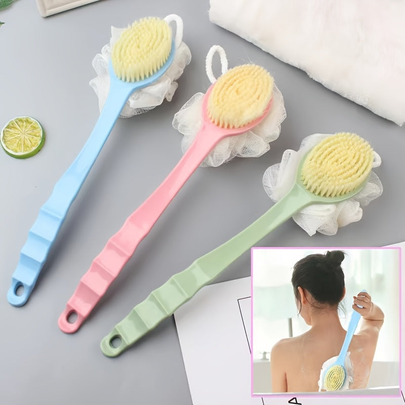1pc Pink Dual-Ended 2-in-1 Scrubber & Body Massager - Soft Bristle Exfoliating Bath Brush with Ergonomic Long Handle for Back, Bath, Shower - Portable Bath & Body Care Tool, No Battery Needed, Dualuse Design