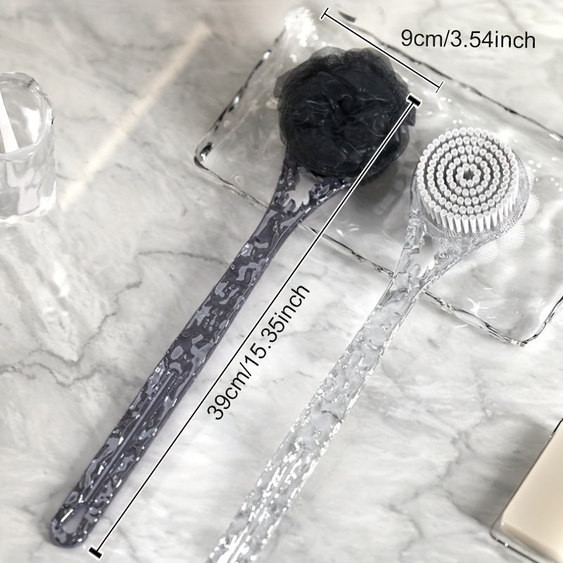 A Translucent Glacier Texture Bath Brush (2-In-1 Scrubber) That Allows You to Easily Scrub Your Back for Cleaning. It Features a Long Handle And Double-Sided Design, Perfect for Creating Foam And Removing Dirt, Making It a Convenient Choice for Bathing.