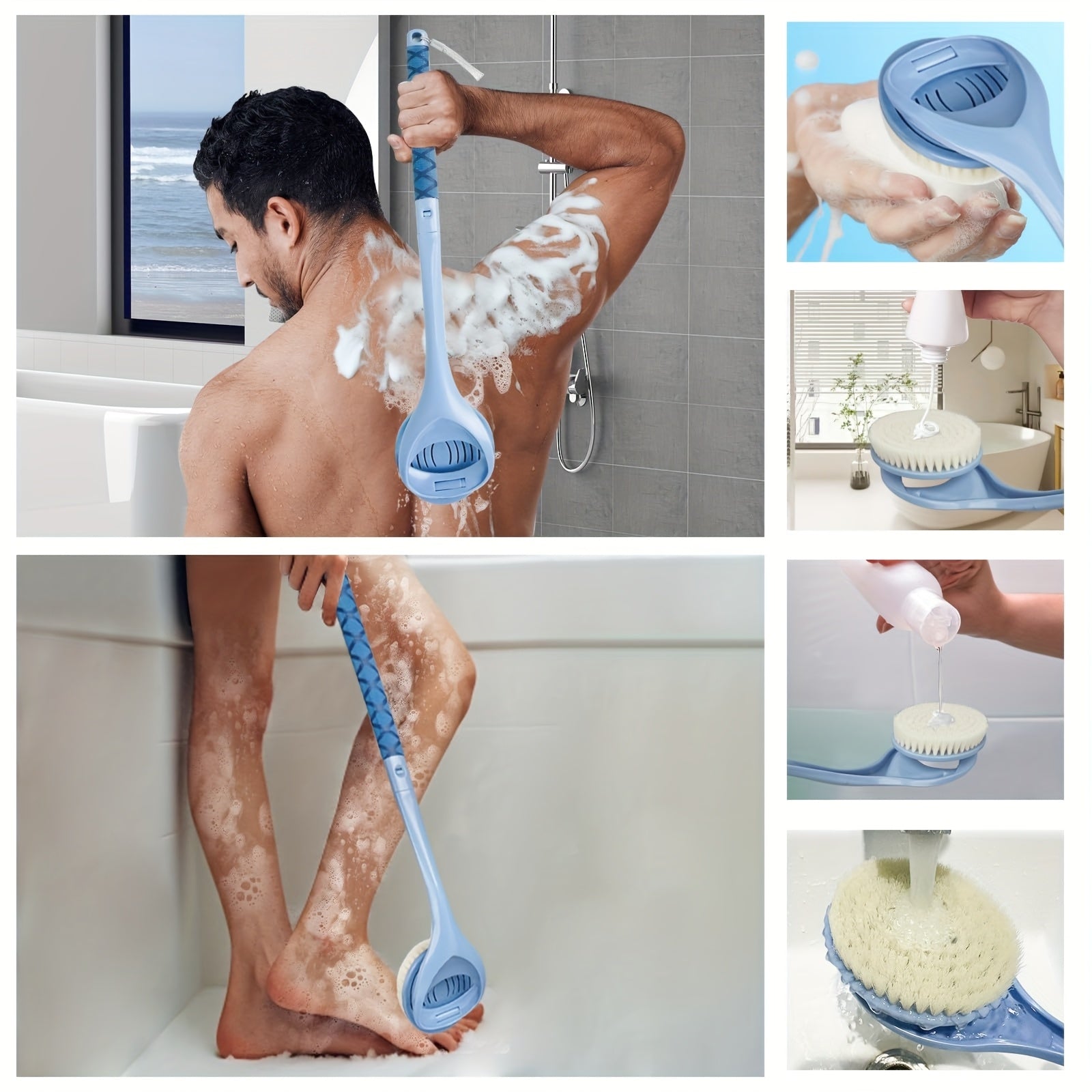 20.4" Detachable Long Handle Bath Brush with Ergonomic Handle - No Electricity Needed, Dual-Head Back Scrubber for Men, Women & Elderly - Deep Body Exfoliation & Shower Cleaning, Durable High-Quality Fabric, No Battery Required, Shower Cleaning Tool,