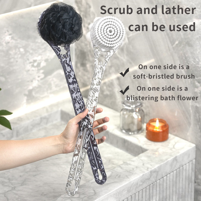 A Translucent Glacier Texture Bath Brush (2-In-1 Scrubber) That Allows You to Easily Scrub Your Back for Cleaning. It Features a Long Handle And Double-Sided Design, Perfect for Creating Foam And Removing Dirt, Making It a Convenient Choice for Bathing.