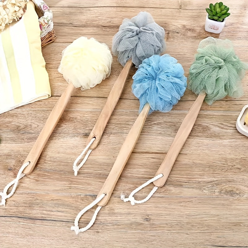 1pc Long Handle Bath Sponge, Large Exfoliating Shower Pouf, Manual Back Scrubber Brush, Unscented, No Battery Needed, Bath Exfoliation Tool | Pastel Bath Poufs | Durable Bath Sponge
