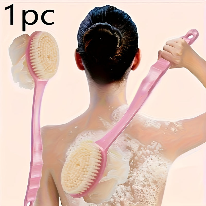 PGM 2-in-1 Soft Bristle Exfoliating Shower Brush with Long Handle - Dual-Function Back Scrubber & Hair Care Tool, Easy to Clean, Pink & Blue, Flexible Bristles for Body and Hair, No Battery Needed, Manual Back Scrubber | Ergonomic Design | Durable Plastic