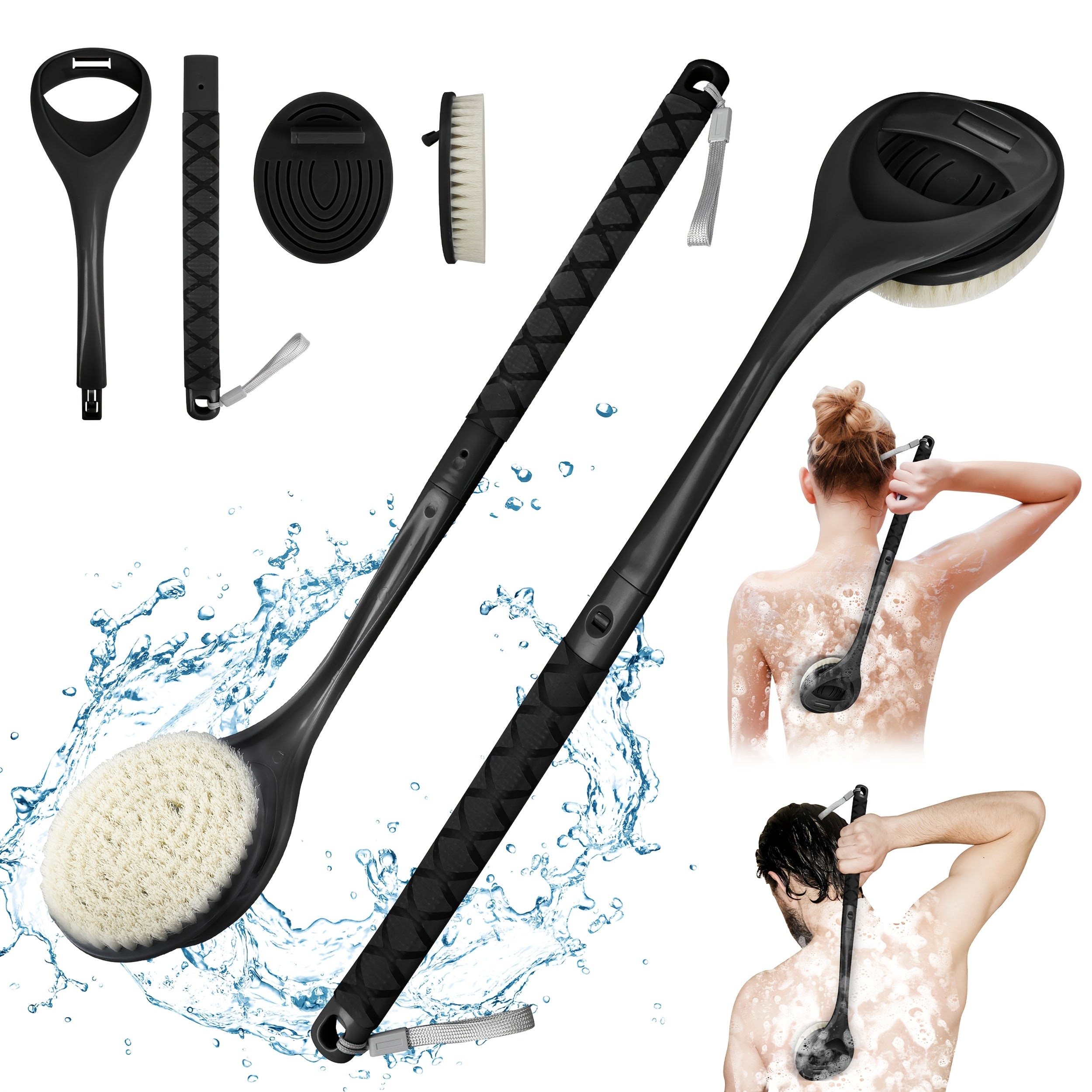 20.4" Detachable Long Handle Bath Brush with Ergonomic Handle - No Electricity Needed, Dual-Head Back Scrubber for Men, Women & Elderly - Deep Body Exfoliation & Shower Cleaning, Durable High-Quality Fabric, No Battery Required, Shower Cleaning Tool,