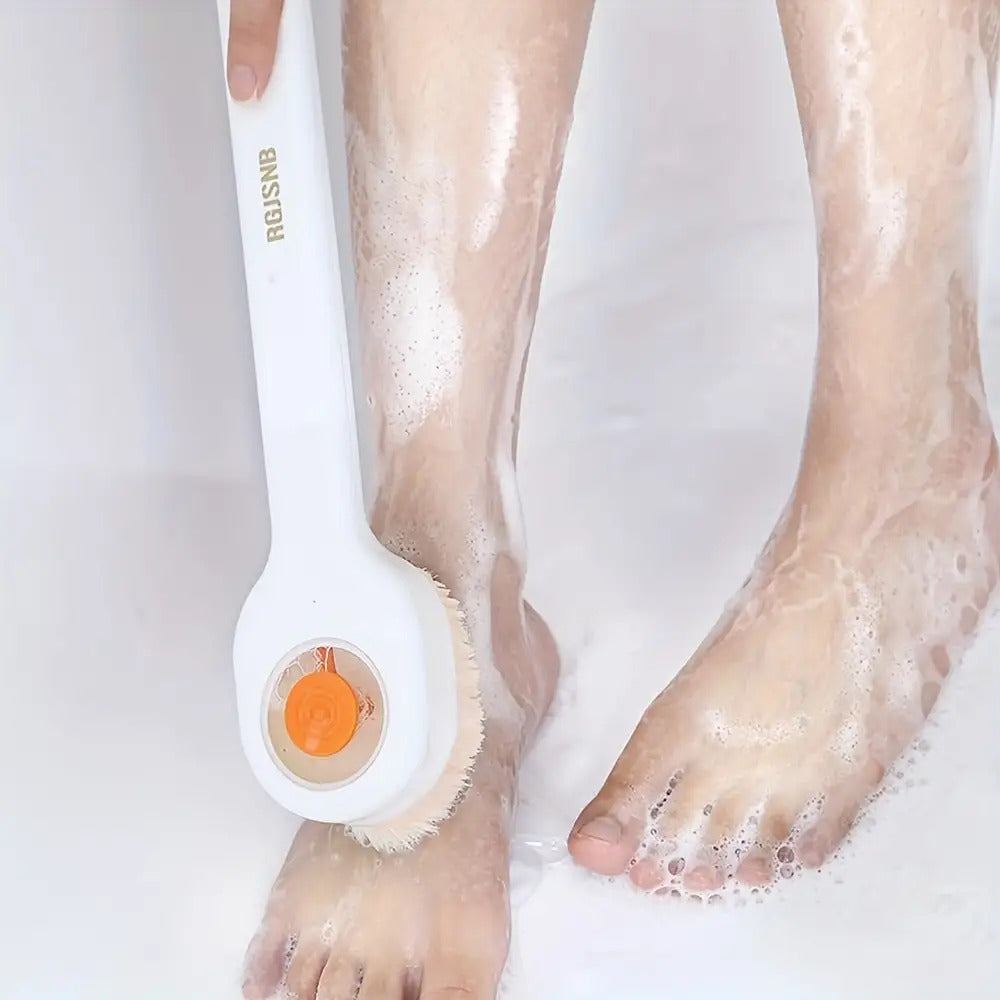 Liquid-Filled Bath Brush with Soft Bristles & Long Handle - Press-to-Release Design for Gentle Exfoliation, Ergonomic Back Scrubber for Hard-to-Reach Areas, Summer Bathing Essential, No Battery Needed, Bath Brush for Bathing, Sleek Handle Design, Durable