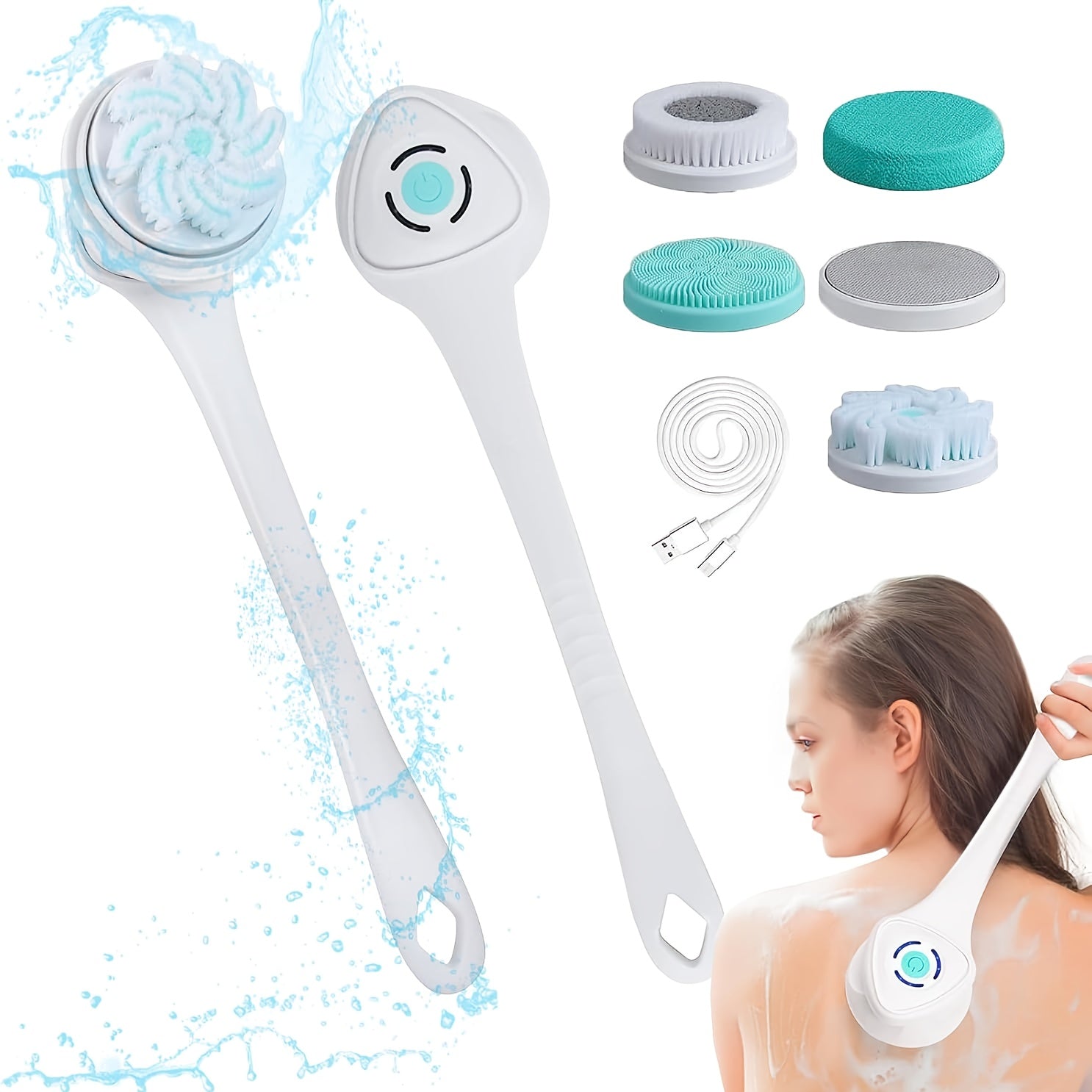6-in-1 Electric Shower System with Dual Massage & Exfoliating Attachments - Rechargeable Full Body Massager, Rotating Facial Brush Head, USB-Powered Bath & Spa - Ideal Gift for Women & Men (Turquoise/Black) - Compatible with USB-C Devices - Includes Long