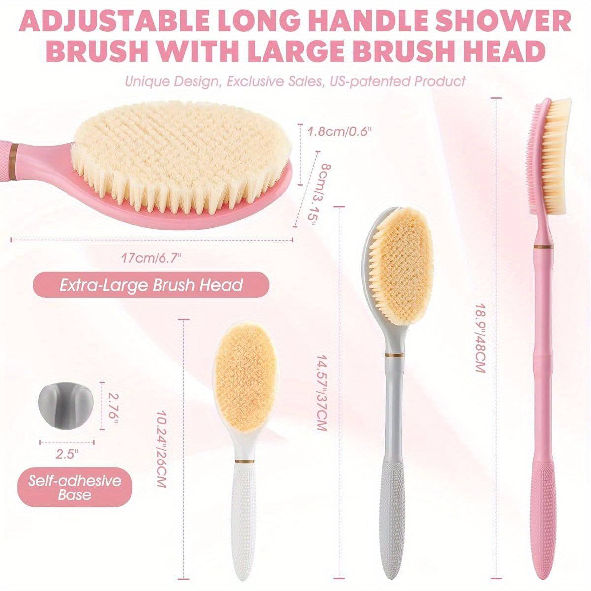 18, 9" Anti-Slip Corn-Handle Shower Back Scrubber with Large Brush Head & Soft Bristles - 3-in-1 Bath Brush for Lathering Cleansing, Gentle Exfoliating & Deep Cleaning, Ergonomic Design for Back, Arms, Legs - Pink, No Battery Needed, Shower Scrubber, Back