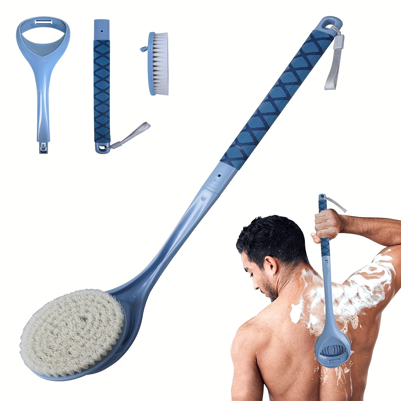 20.4" Detachable Long Handle Bath Brush with Ergonomic Handle - No Electricity Needed, Dual-Head Back Scrubber for Men, Women & Elderly - Deep Body Exfoliation & Shower Cleaning, Durable High-Quality Fabric, No Battery Required, Shower Cleaning Tool,