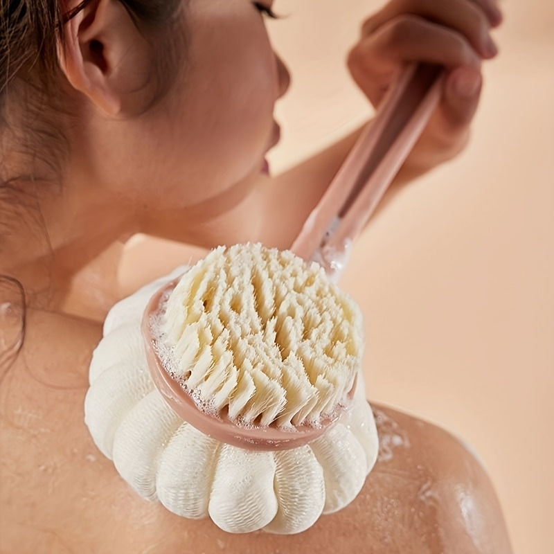 Long Handle Dual-Sided Bath Brush - Non-Electric Exfoliating Back Scrubber & Loofah Combo for Gentle Light Beige Cleansing & Dead Light Beige Removal - Durable Plastic Ergonomic Design for Men & Women - Bathroom Essentials, Body Scrub Tool | Textured
