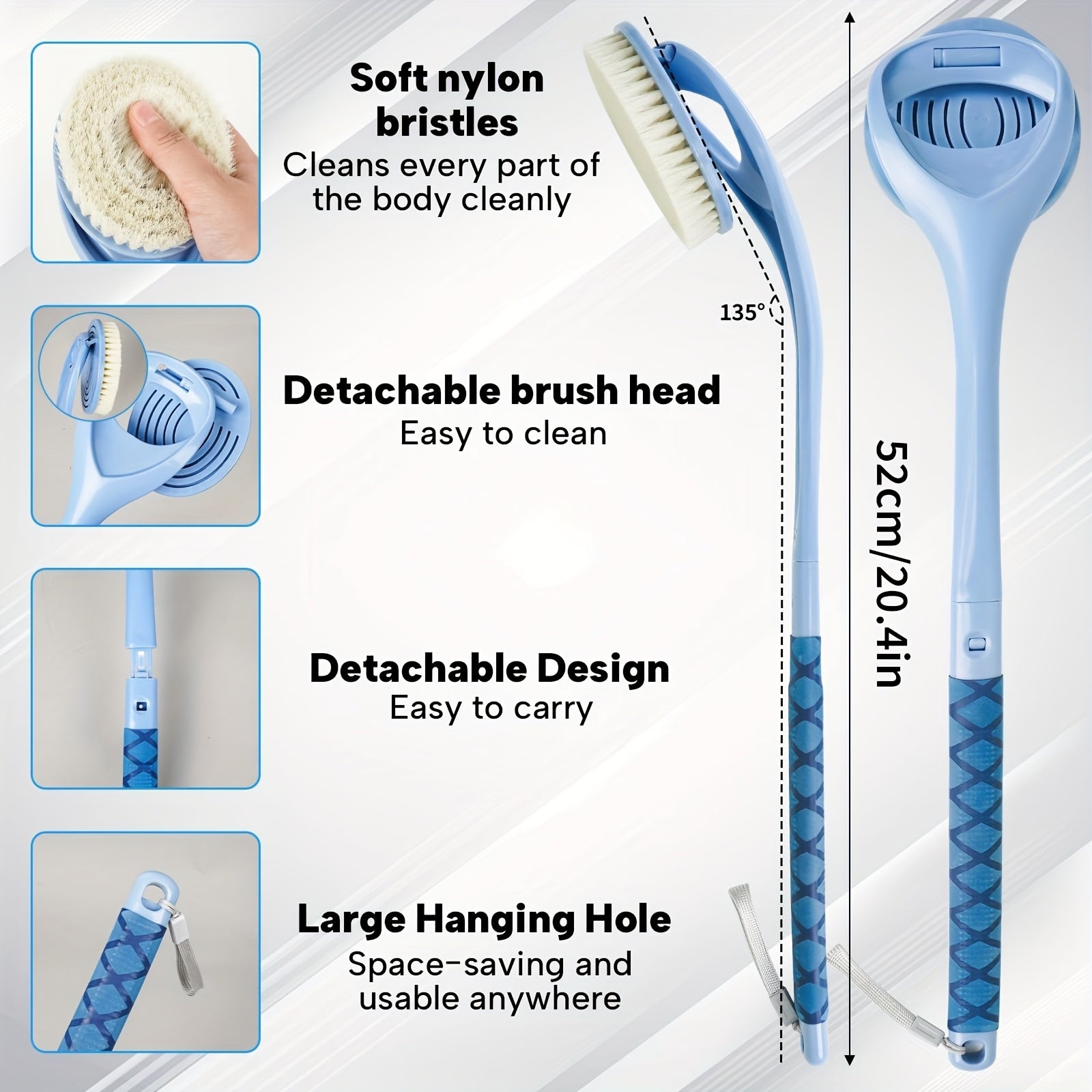 20.4" Detachable Long Handle Bath Brush with Ergonomic Handle - No Electricity Needed, Dual-Head Back Scrubber for Men, Women & Elderly - Deep Body Exfoliation & Shower Cleaning, Durable High-Quality Fabric, No Battery Required, Shower Cleaning Tool,