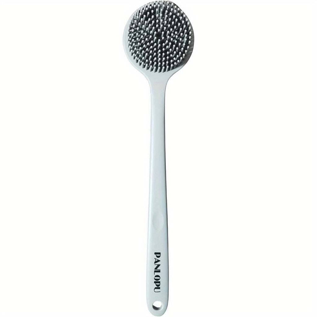 Extra Long Bath Brush with Double-Sided Massage Head - Heavy-Duty Silicone Body Scrubber, Non-Slip Grip Handle for Back, Feet, Legs, Arms - Bathroom Shower Brush with Free Hook - Ideal for Home, Spa, or Travel - Grey, Back Scrubber, Ergonomic Design,