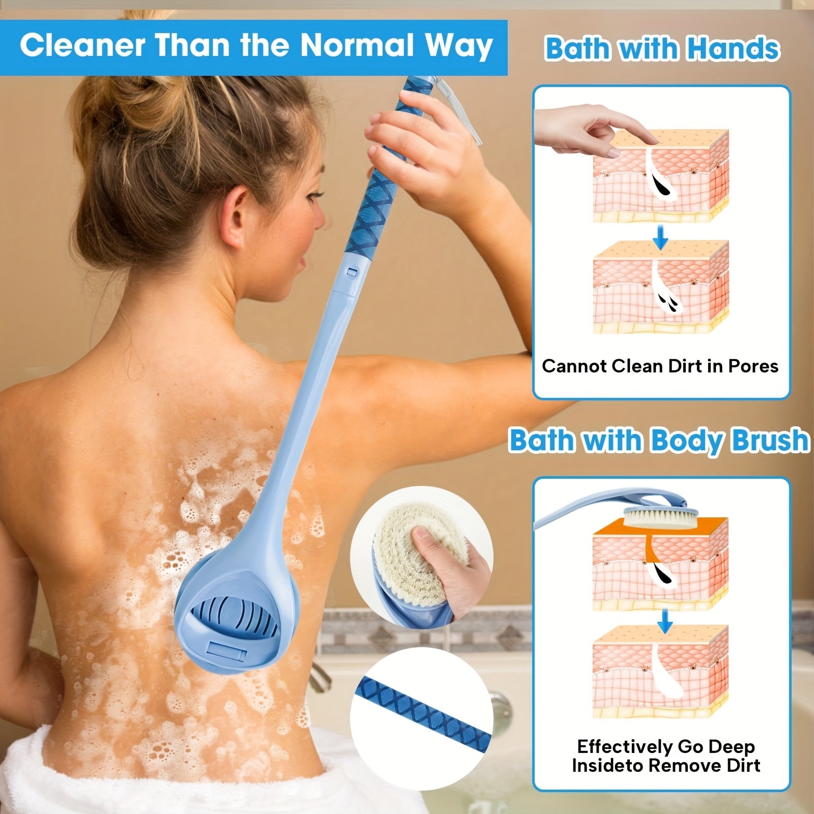 20.4" Detachable Long Handle Bath Brush with Ergonomic Handle - No Electricity Needed, Dual-Head Back Scrubber for Men, Women & Elderly - Deep Body Exfoliation & Shower Cleaning, Durable High-Quality Fabric, No Battery Required, Shower Cleaning Tool,