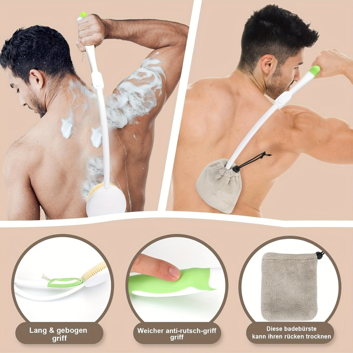 1pc Back Shower Brush with Long Curved Handle - Bendable Back Scrubber, Soft Bath Brush for Back, Hard-to-Reach Areas, Elderly, Pregnant Women, Bath or Shower Use - Lightweight Manual Shower Brush, Back Scrubber for Shower, Userfriendly Design, Durable