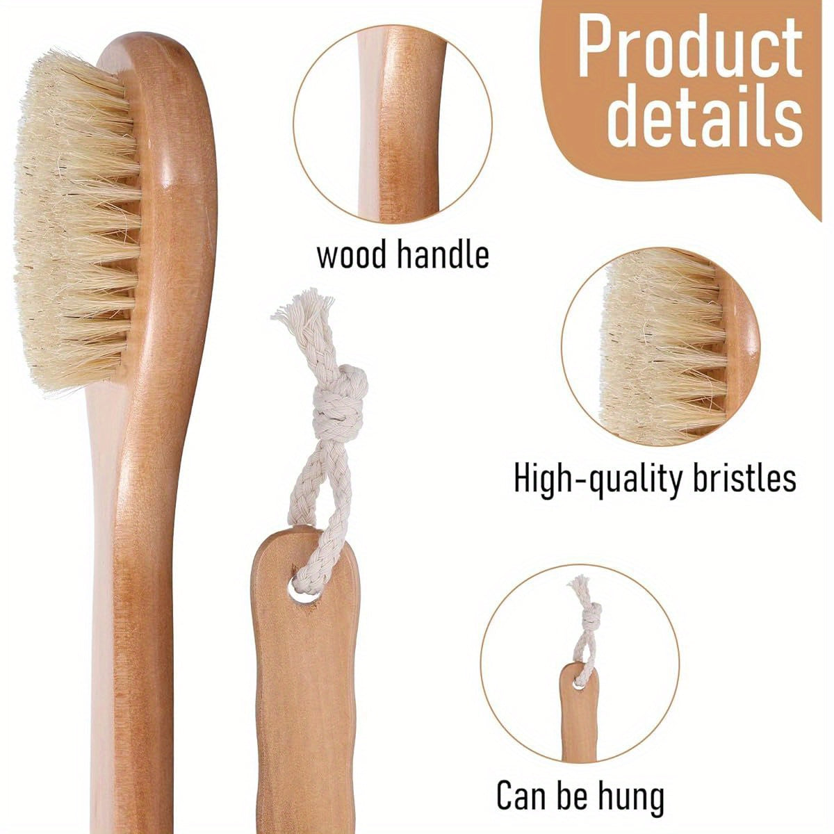 1pc 12.6 Inch Long Handle Back Scrubber for Shower - Heavy-Duty Poplar Wood & Nylon Bristles Exfoliating Body Brush with Ergonomic Grip, Wet/Dry Use for Men & Women, Hard-to-Reach Areas, Bath & Shower Tool (Natural Wood Color, Lanyard-Compatible), Round