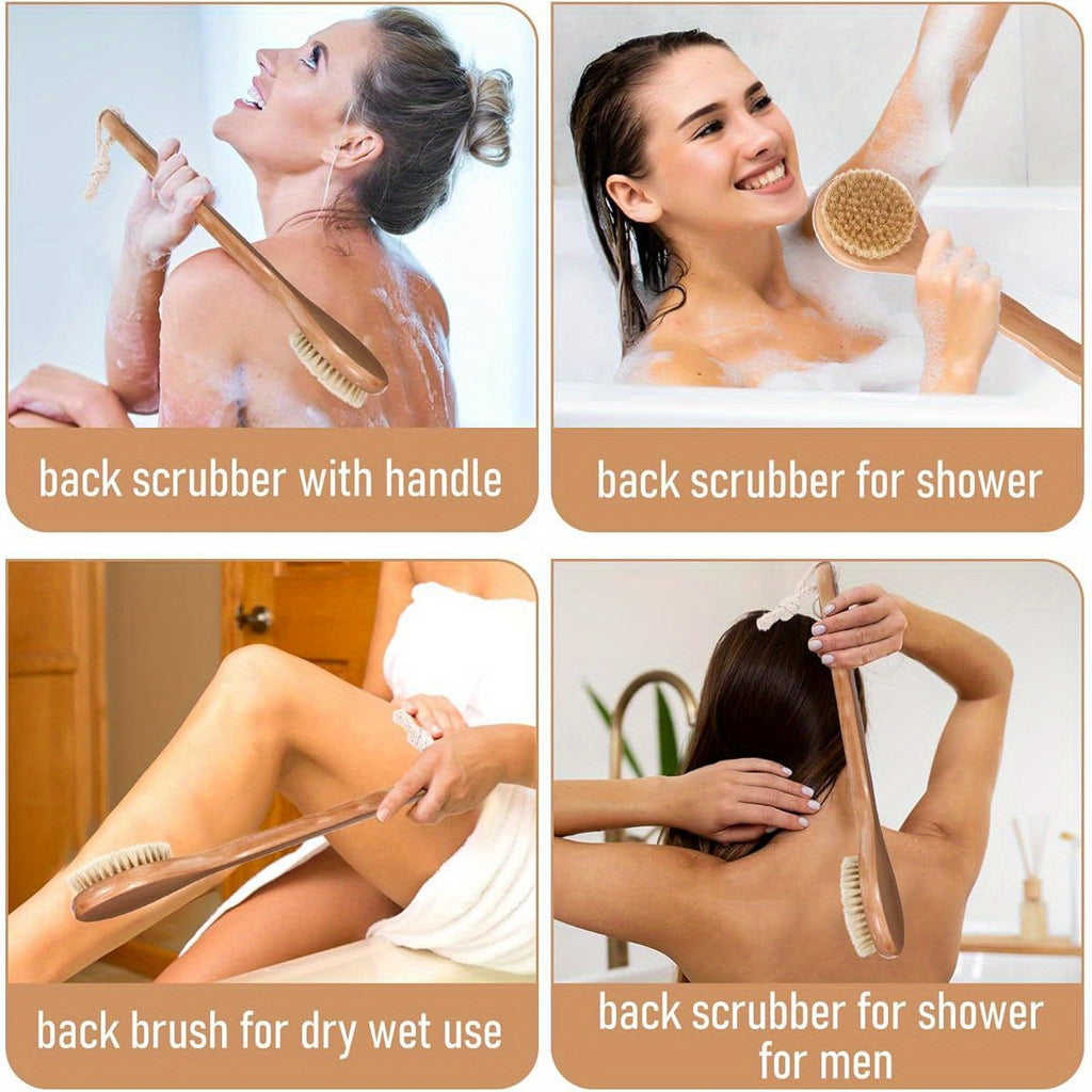1pc 12.6 Inch Long Handle Back Scrubber for Shower - Heavy-Duty Poplar Wood & Nylon Bristles Exfoliating Body Brush with Ergonomic Grip, Wet/Dry Use for Men & Women, Hard-to-Reach Areas, Bath & Shower Tool (Natural Wood Color, Lanyard-Compatible), Round