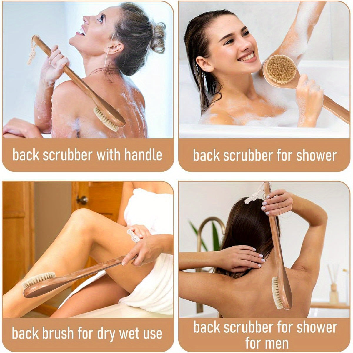 1pc 12.6 Inch Long Handle Back Scrubber for Shower - Heavy-Duty Poplar Wood & Nylon Bristles Exfoliating Body Brush with Ergonomic Grip, Wet/Dry Use for Men & Women, Hard-to-Reach Areas, Bath & Shower Tool (Natural Wood Color, Lanyard-Compatible), Round