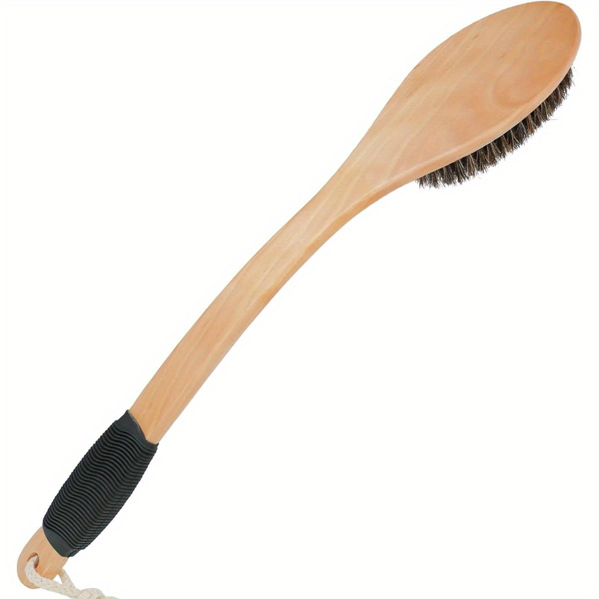 Natural Horsehair Bath Brush with Wooden Curved Long Handle - 17.2 Inch Antiskid Shower Scrubber for Exfoliating, Deep Cleanse Back & Body, Wet/Dry Use, Alcohol-Free, No Battery Needed, Ergonomic Design for Hard-to-Reach Areas, Shower Brush, Body