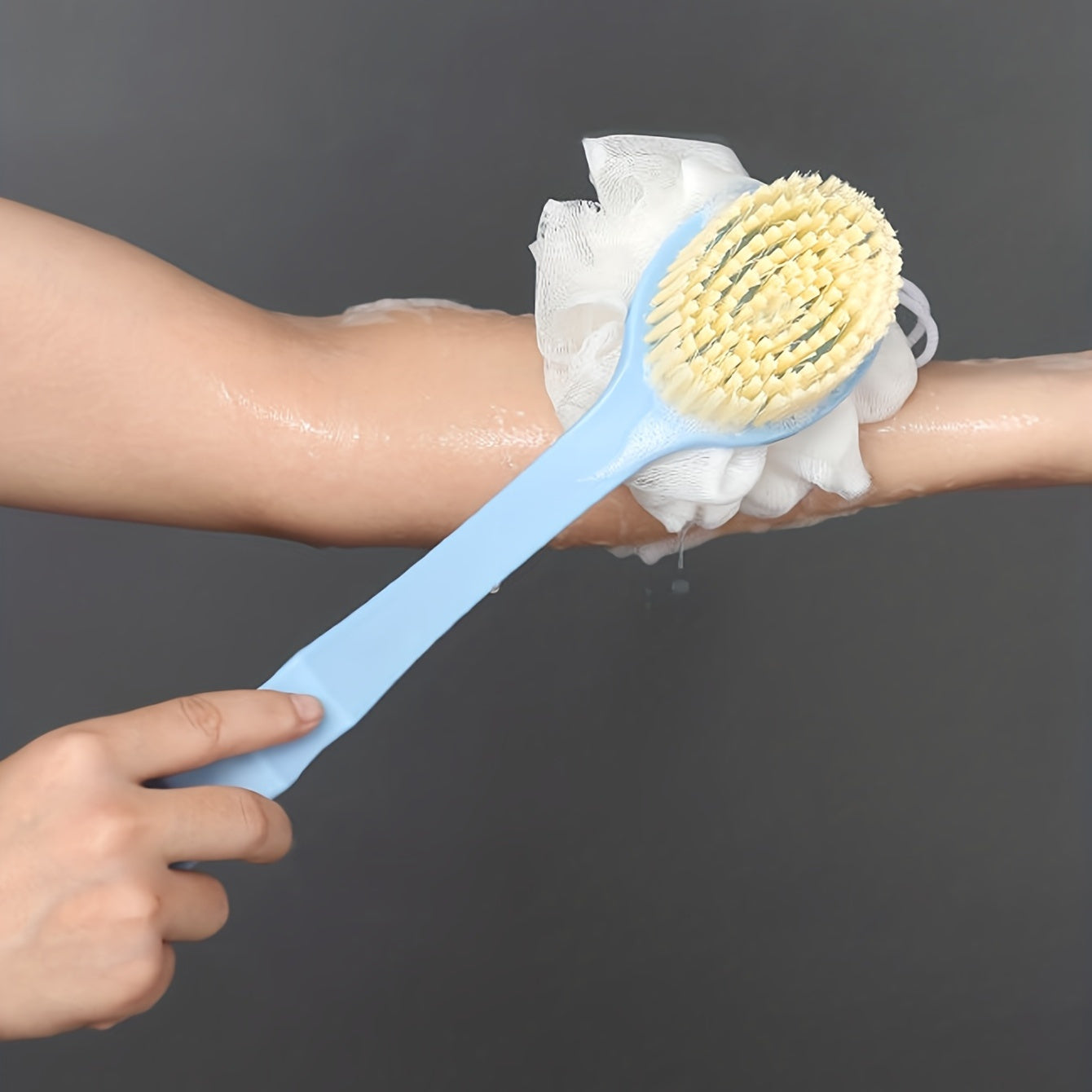 1pc Soft Bristle Long Handle Japanese Bath Brush - Multifunctional Dual-Exfoliating Back Scrubber with Ergonomic Grip, Suitable for Showering, Pink and White Bristles, Gentle Cleansing & Reaching Hard-to-Touch Areas, Exfoliation Tool | Comfortable Grip