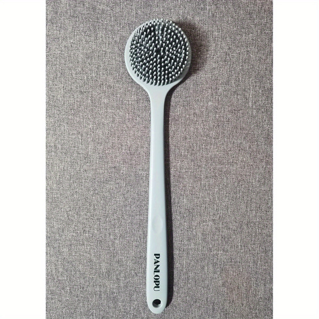 Extra Long Bath Brush with Double-Sided Massage Head - Heavy-Duty Silicone Body Scrubber, Non-Slip Grip Handle for Back, Feet, Legs, Arms - Bathroom Shower Brush with Free Hook - Ideal for Home, Spa, or Travel - Grey, Back Scrubber, Ergonomic Design,