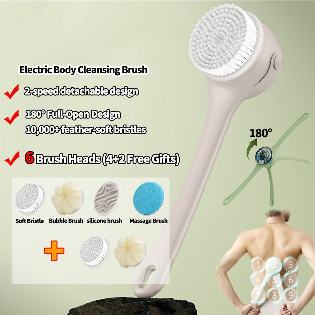 Rechargeable Electric Back Scrubber for Shower - 3-in-1 Cleansing/Massage/Skincare Brush with Auto-Rotating Brush Cleans & Applies Lotion/Essential Oil - Dual Handle for Hard-to-Reach Areas - Gift for Women, Men, Elderly (White)