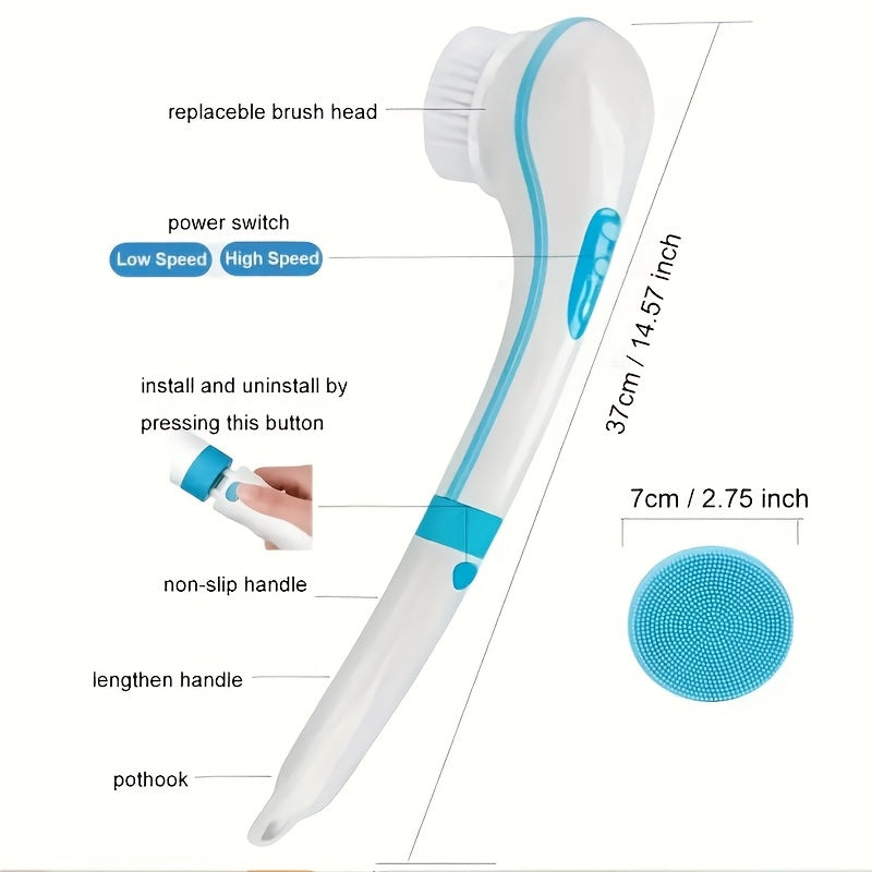5-in-1 Electric Shower Brush Set, Body Cleansing Exfoliating with Detachable Long Handle for Back Scrubbing and 1200mAh Battery