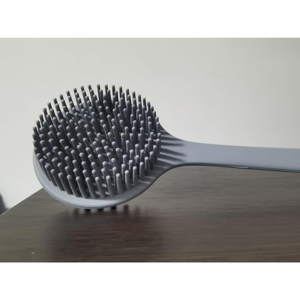 Extra Long Bath Brush with Double-Sided Massage Head - Heavy-Duty Silicone Body Scrubber, Non-Slip Grip Handle for Back, Feet, Legs, Arms - Bathroom Shower Brush with Free Hook - Ideal for Home, Spa, or Travel - Grey, Back Scrubber, Ergonomic Design,