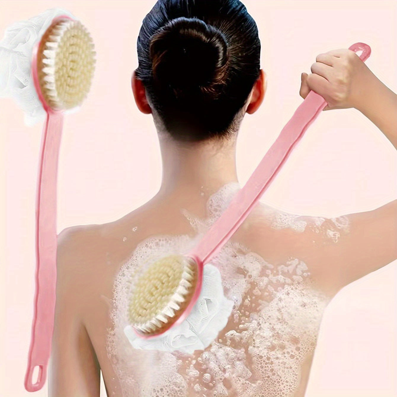 1pc Soft Bristle Long Handle Japanese Bath Brush - Multifunctional Dual-Exfoliating Back Scrubber with Ergonomic Grip, Suitable for Showering, Pink and White Bristles, Gentle Cleansing & Reaching Hard-to-Touch Areas, Exfoliation Tool | Comfortable Grip