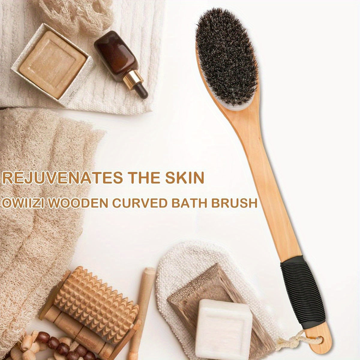 Natural Horsehair Bath Brush with Wooden Curved Long Handle - 17.2 Inch Antiskid Shower Scrubber for Exfoliating, Deep Cleanse Back & Body, Wet/Dry Use, Alcohol-Free, No Battery Needed, Ergonomic Design for Hard-to-Reach Areas, Shower Brush, Body